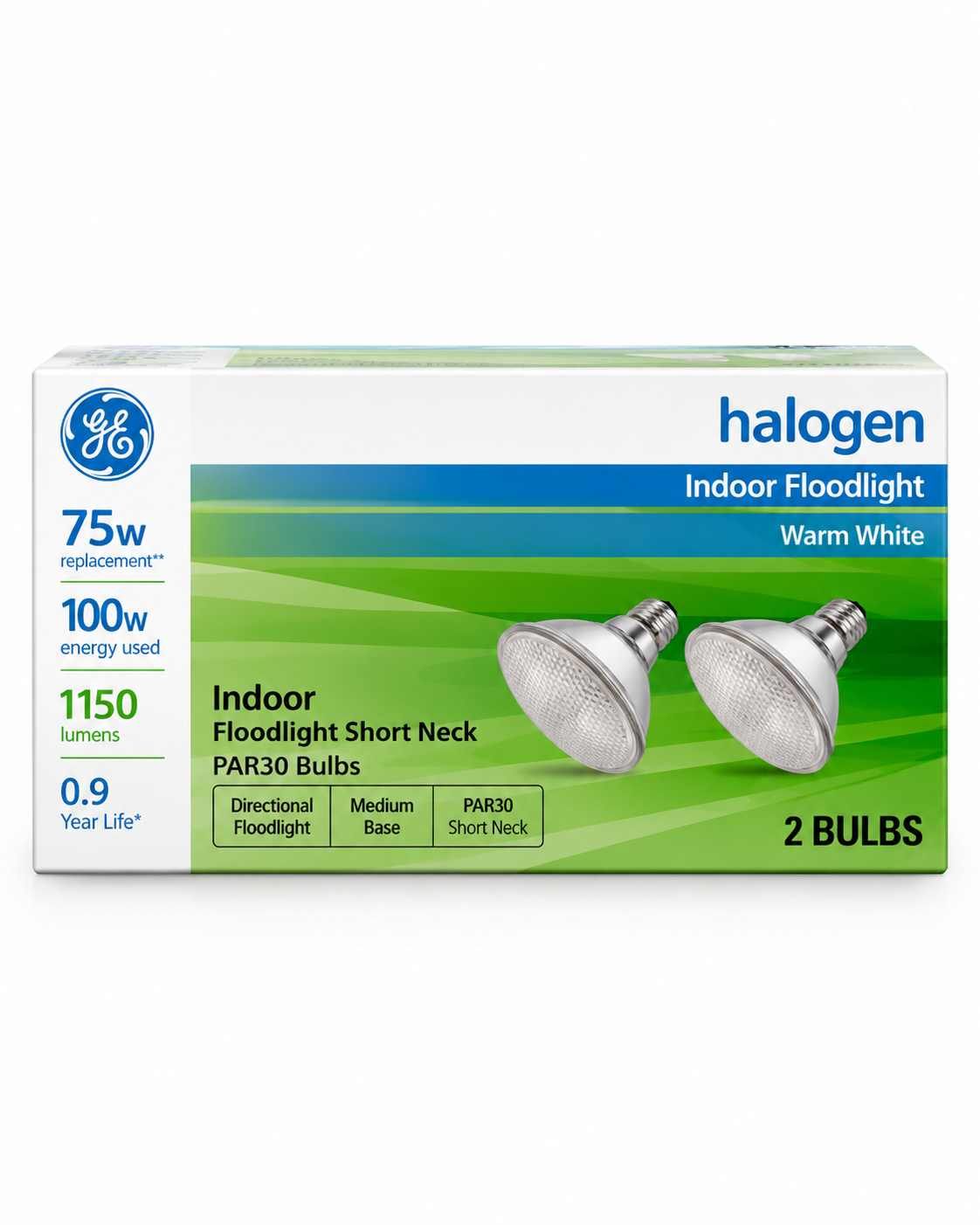 GE Warm White Halogen PAR30 Short-Neck Indoor Floodlight Bulbs, 75W Equivalent, Medium Base – 2 Pack