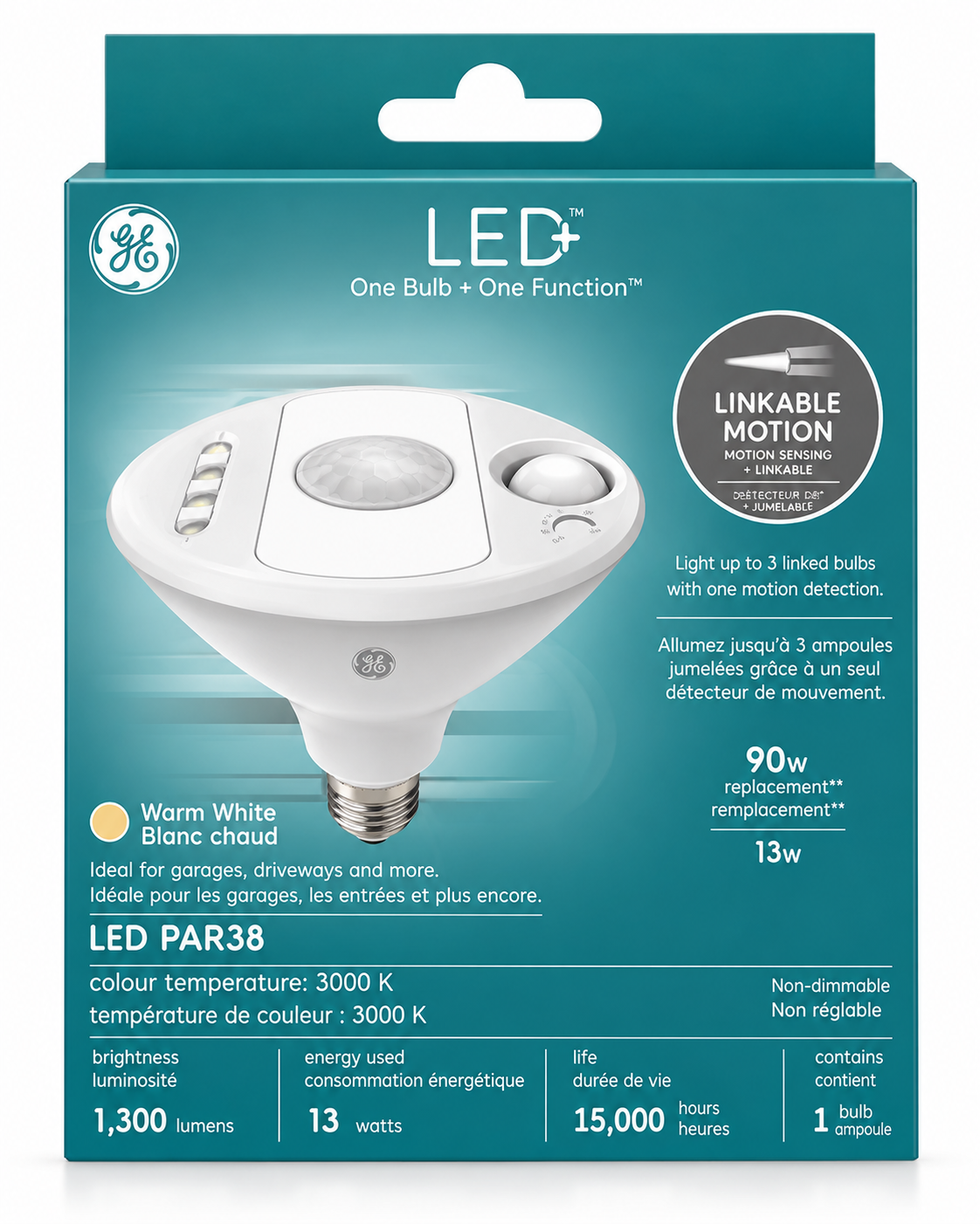 GE Lighting LED+ Linkable Motion Sensor PAR38 Outdoor Floodlight Bulb, Warm White, 90W Replacement, 1-Pack