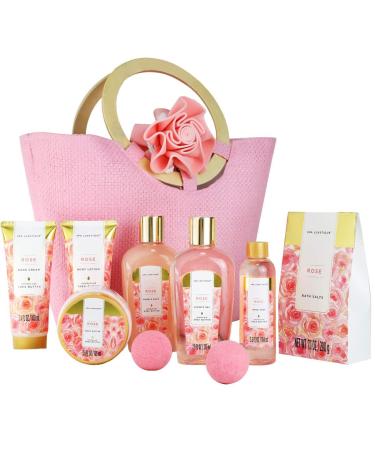 Bath Spa Gift Basket for Women - Pack of 10, with Rose scent, including 2 Bath Bombs, Hand Soap, Hand Cream, Shower Gel, Body Lotion, Body Butter, Bubble Bath, Bath Salt, Bath Puff & Handmade Tote Bag