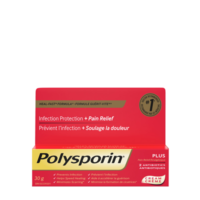 POLYSPORIN COMPLETE 2 ANTIBIOTICS OINTMENT PREVENTS INFECTIONS, HELPS SPEED UP HEALING, & MINIMIZES SCARRING PLUS PAIN RELIEF 30G