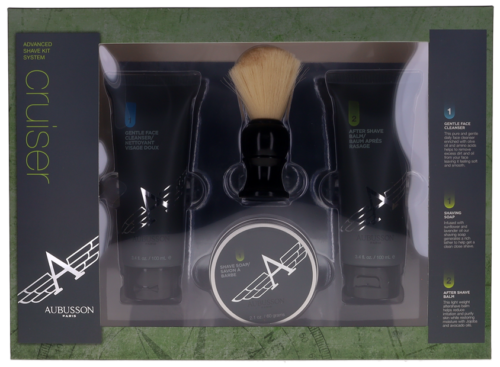 AUBUSSON PARIS ADVANCED MEN SHAVING SET ITEMS INCLUDE: GENTLE FACE CLEANSER, SHAVING SOAP, AFTERSHAVE BALM AND CREAM BRUSH