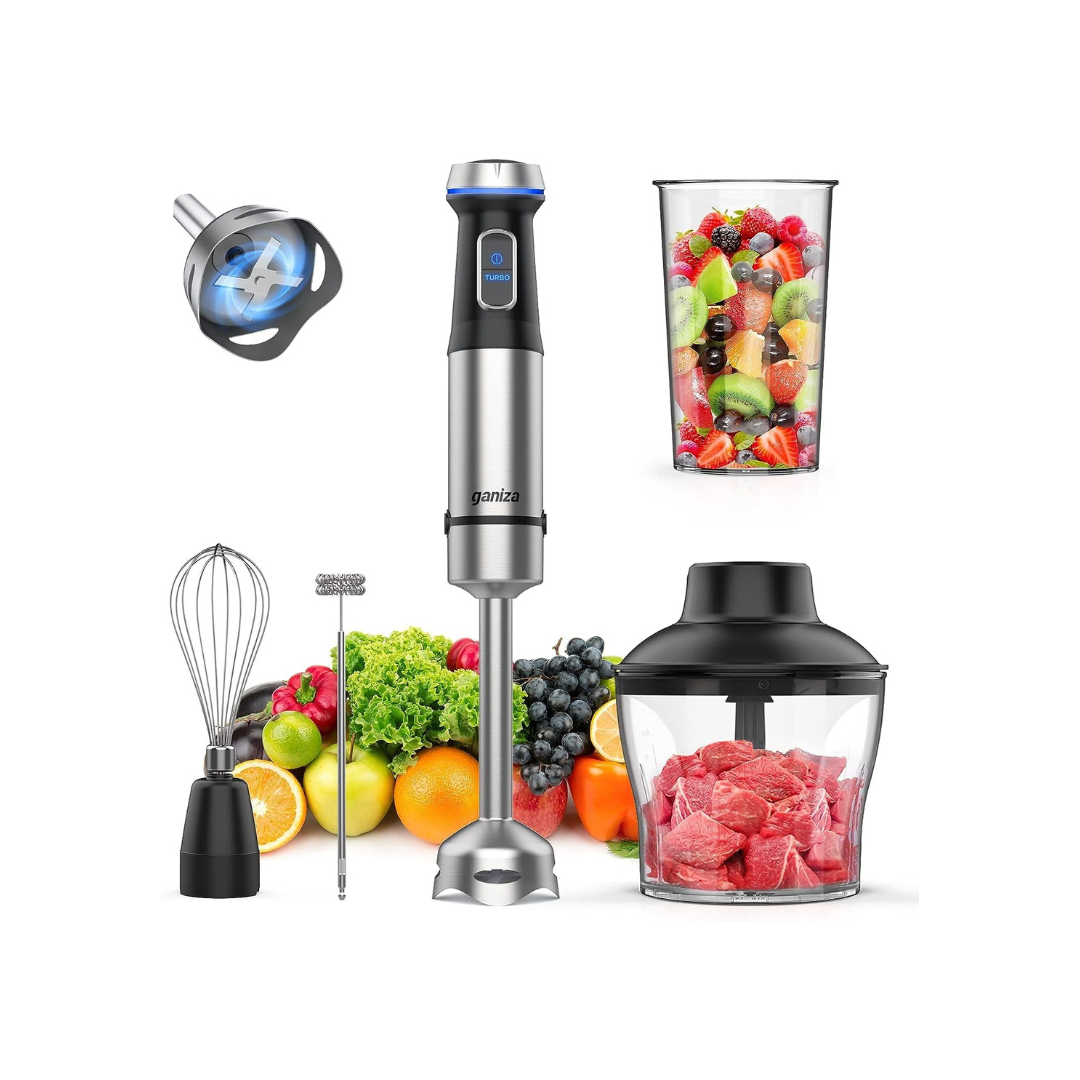 Ganiza Immersion Blender, Electric Hand Blender 800W with 15 Speed and Turbo Mode Handheld Blender Stainless Steel Blade, 5-in-1 Handheld Stick Mixer, Milk Frother, Egg Whisk, Chopper and Beaker