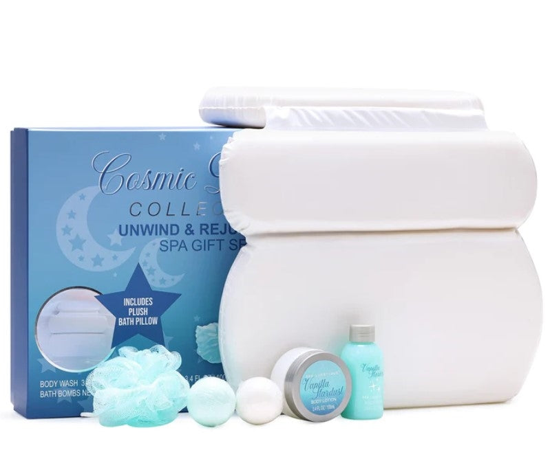 Spa Gift set - pack of 6, with Vanilla scent, including body wash, body lotion, 2pc bath bombs, bath puff and 3-pannel bath spa pillow.