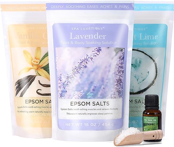 EPSOM SALTS SPA LUXETIQUE ENRICHED WITH TEA TREE OIL COCONUT OIL & ARGAN OIL 5 PC SET 454G EACH SALT PACK