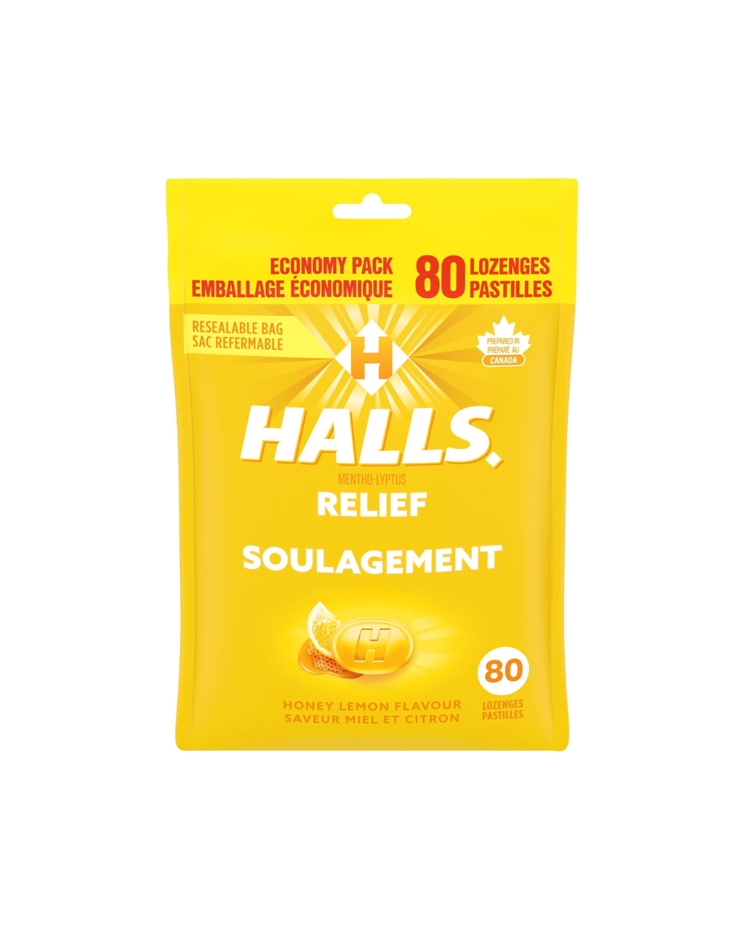 HALLS Honey Lemon Flavour Cough Drops, Throat Lozenges, Sore Throat Relief, Mentho-Lyptus, 80 Lozenges, Prepared in Canada