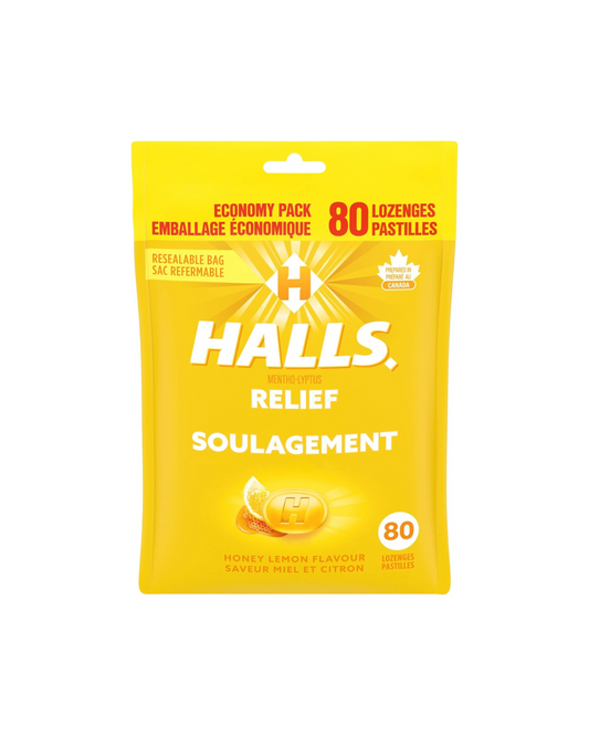 HALLS Honey Lemon Flavour Cough Drops, Throat Lozenges, Sore Throat Relief, Mentho-Lyptus, 80 Lozenges, Prepared in Canada