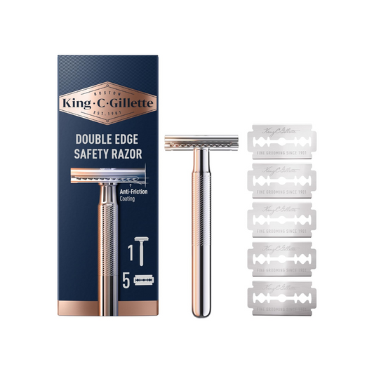 King C. Gillette Double Edge Safety Razor Handle and 5 stainless-steel blades with anti-friction coating