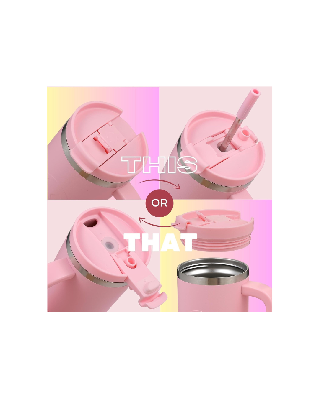 Tumbler with Handle and Straw | Leakproof Tumbler with Straw Insulated Travel Mug Fits Cupholders | Insulated Cup 40 oz Water Bottle with Straw Stainless Steel Tumbler - Pink