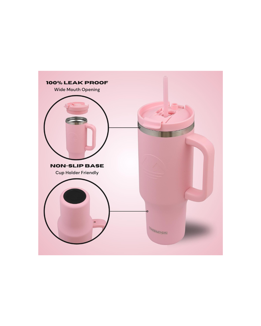 Tumbler with Handle and Straw | Leakproof Tumbler with Straw Insulated Travel Mug Fits Cupholders | Insulated Cup 40 oz Water Bottle with Straw Stainless Steel Tumbler - Pink