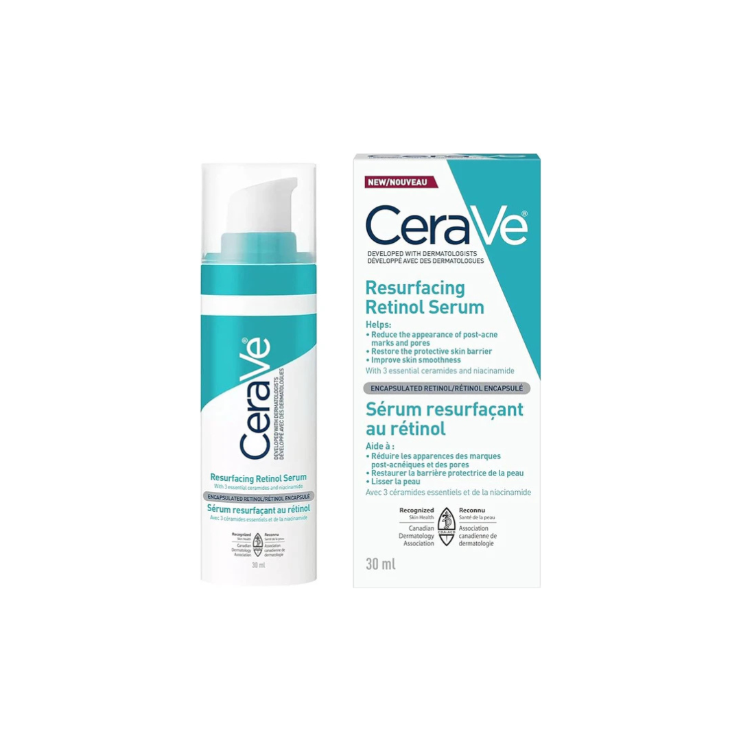 CeraVe Resurfacing Retinol Serum for Face with Niacinamide & Encapsulated Retinol. Helps even Skin Tone, Improve Skin Smoothness & Reduce Post-Acne Marks. Gentle, Fragrance-free, & Non-Comedogenic, 30, A full-face lightweight serum