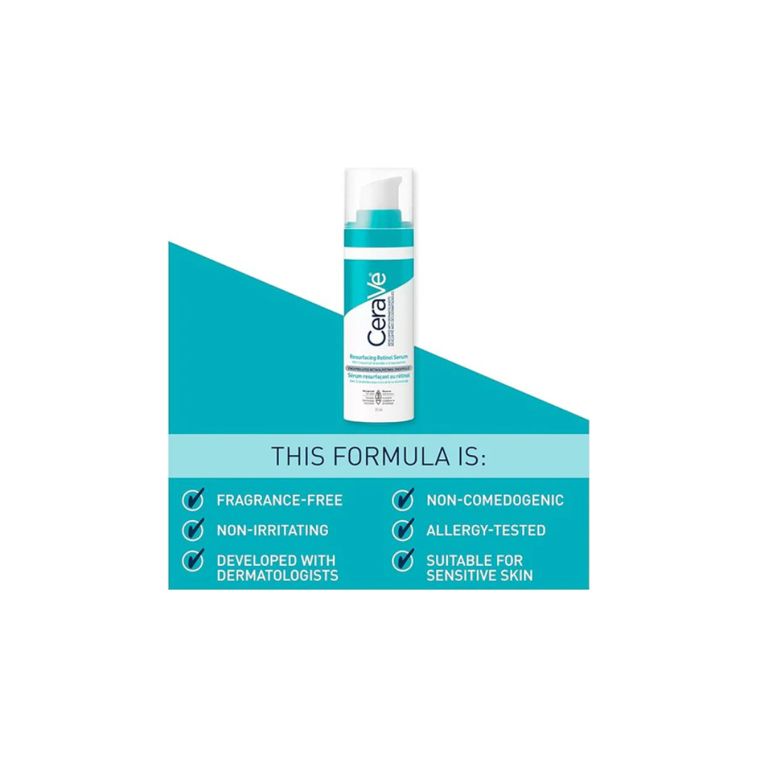CeraVe Resurfacing Retinol Serum for Face with Niacinamide & Encapsulated Retinol. Helps even Skin Tone, Improve Skin Smoothness & Reduce Post-Acne Marks. Gentle, Fragrance-free, & Non-Comedogenic, 30, A full-face lightweight serum
