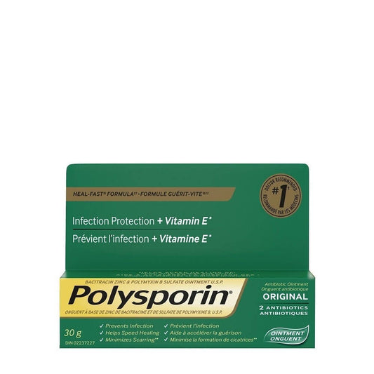 POLYSPORIN ORIGINAL 2 ANTIBIOTICS OINTMENT PREVENTS INFECTIONS, HELPS SPEED UP HEALING, & MINIMIZES SCARRING PLUS PAIN RELIEF WITH VITAMIN E