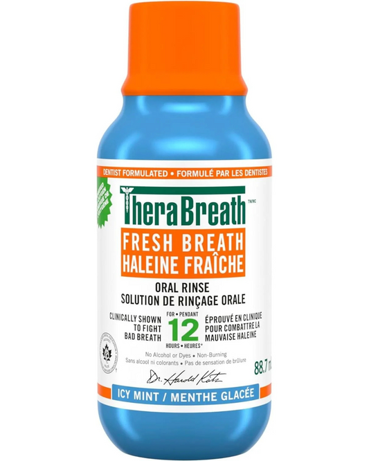 TheraBreath Fresh Breath Oral Rinse, Fight Bad Breath for 12 Hours. Alcohol-Free & Dye-Free Mouthwash, Icy Mint, 88.7ml