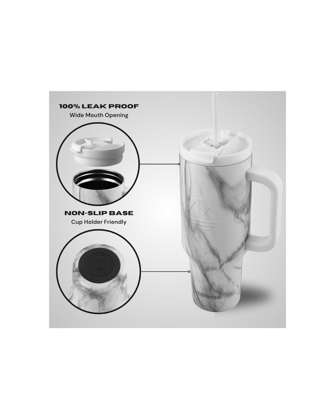 Tumbler with Handle and Straw | Leakproof Tumbler with Straw Insulated Travel Mug Fits Cupholders | Insulated Cup 40 oz Water Bottle with Straw Stainless Steel Tumbler - White Marble