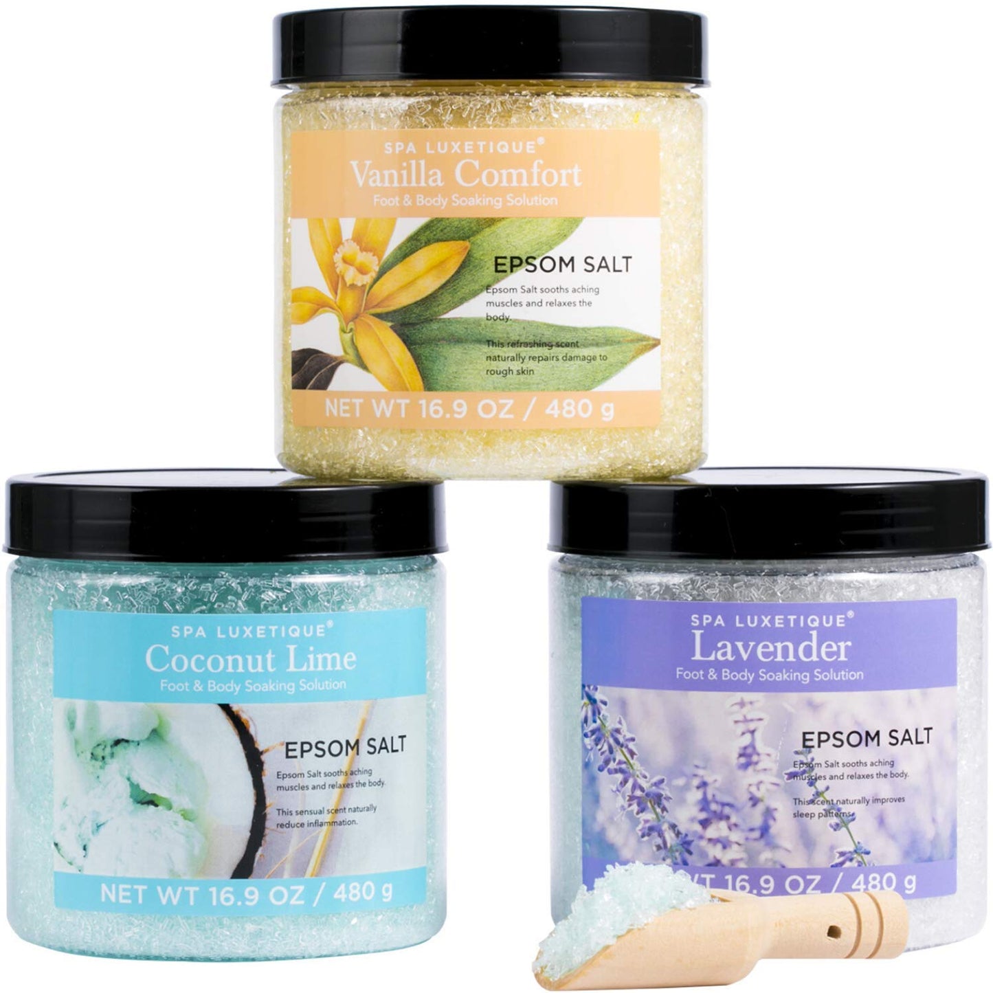 SPA LUXETIQUE EPSOM SALTS 3 PACK SET 480G EACH JAR LAVENDER, COCONUT LIME, VANILLIA COMFORT ( FOOT & BODY SOAKING SOLUTION