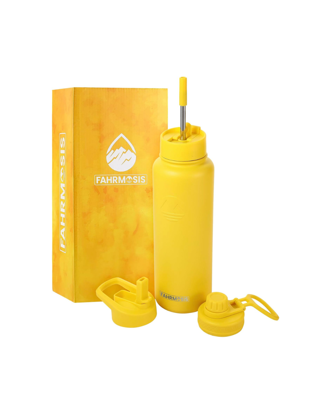 FAHRMOSIS 40 OZ Water Bottle with Straw | Insulated Water Bottle Water Jug Includes 3 Lids Water Bottles | Stainless Steel Water Bottle for Men & Women - Yellow