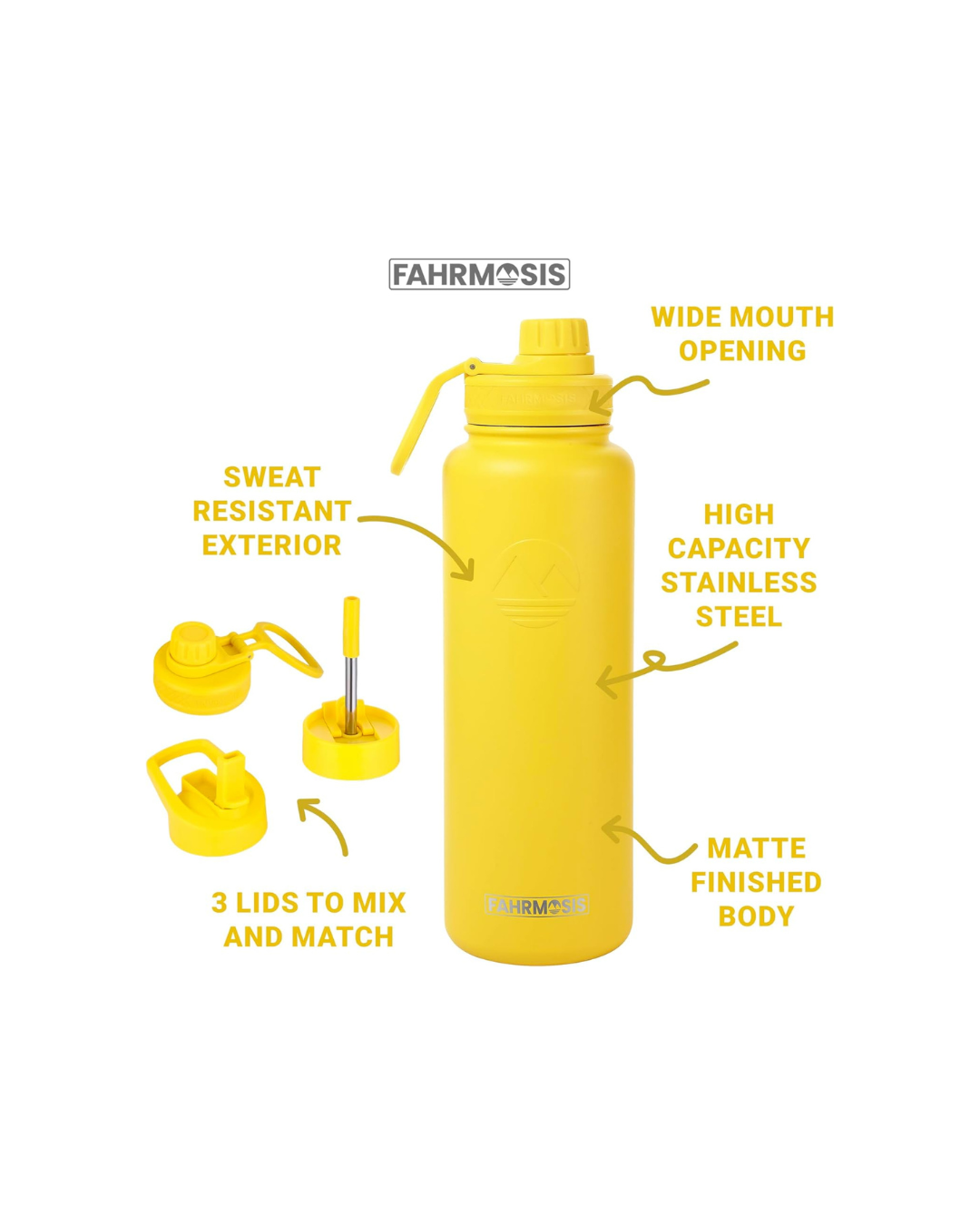 FAHRMOSIS 40 OZ Water Bottle with Straw | Insulated Water Bottle Water Jug Includes 3 Lids Water Bottles | Stainless Steel Water Bottle for Men & Women - Yellow